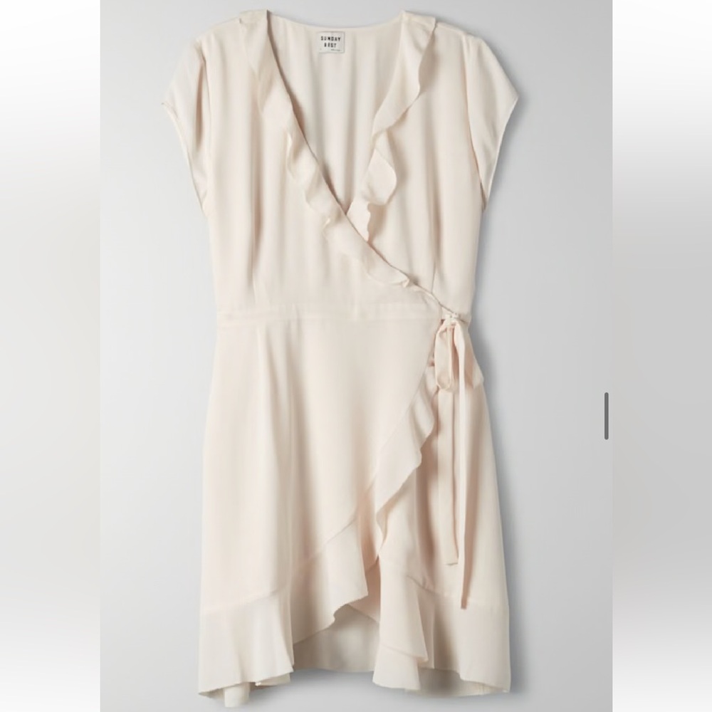 Aritzia Cream Asymmetrical Wrap Ruffle Dress